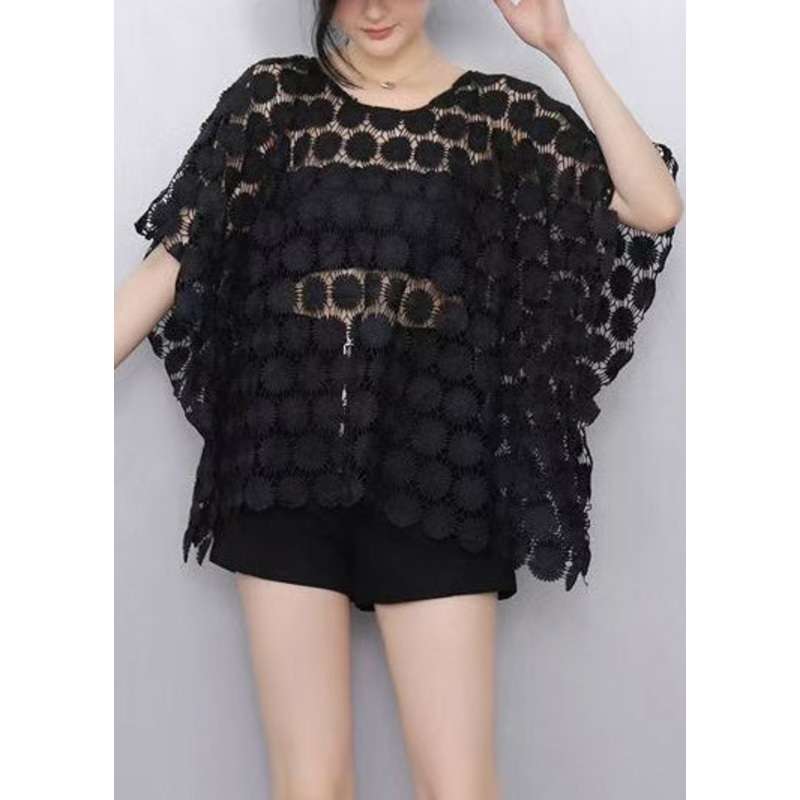 Elegant Black Hollow Out Lace Tanks Batwing Sleeve