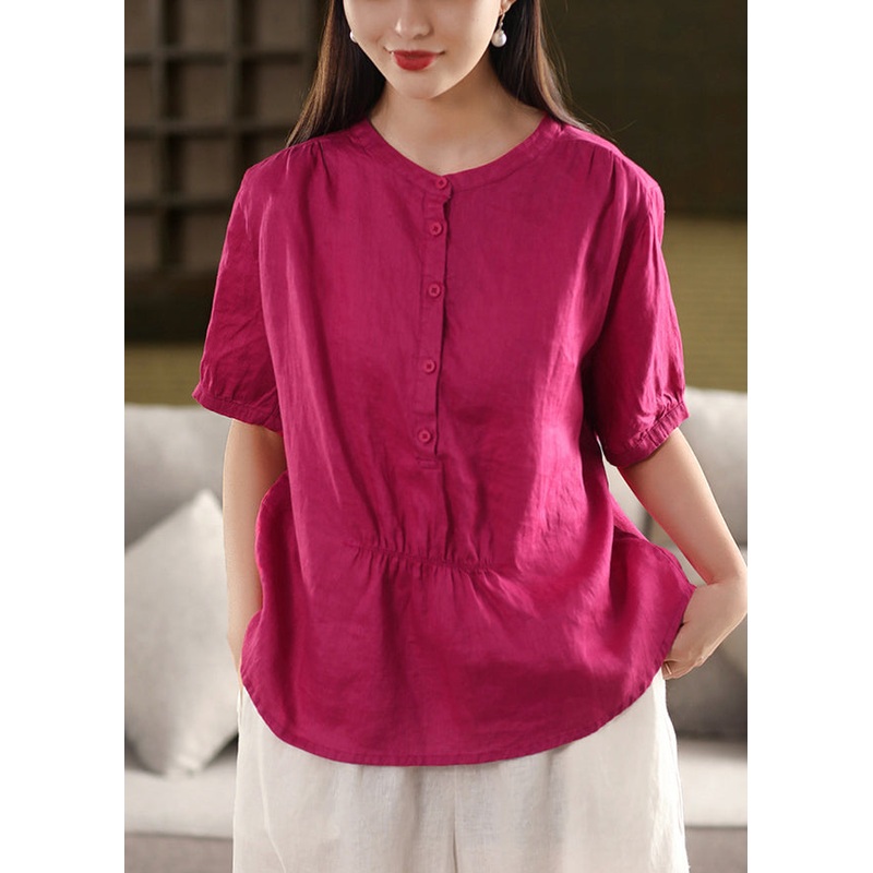 Rose Button Wrinkled Loose Linen Shirt O Neck