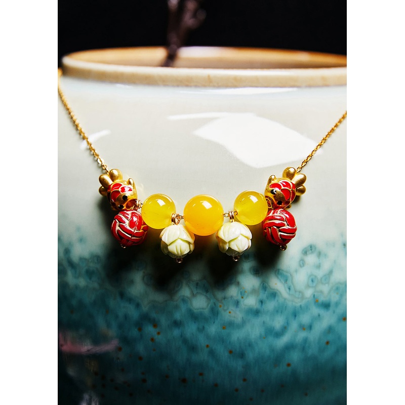 Unique Lotus Bead Cute Fish Beeswax Pendant Necklace