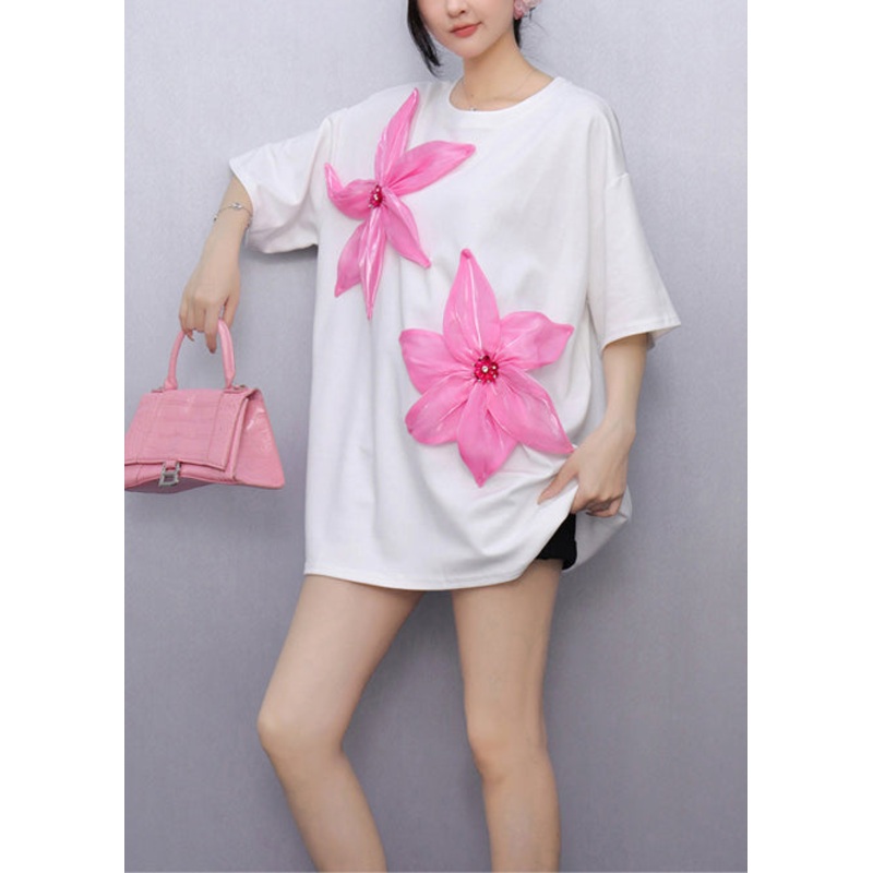 White Floral Decorated Cotton Tank Tops Oversized Summer