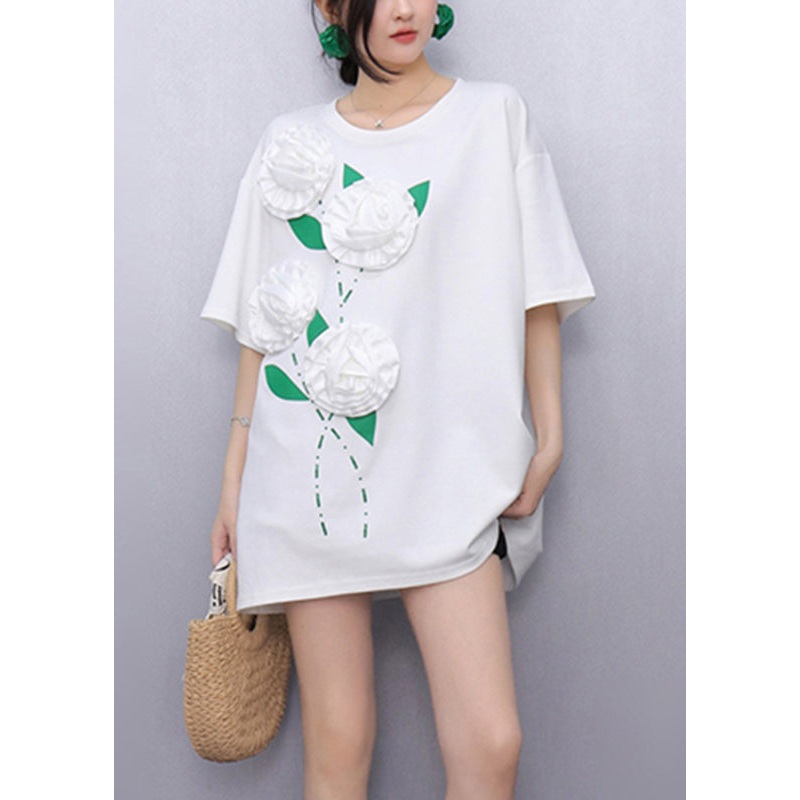 White O-Neck Solid Tops Short Sleeve