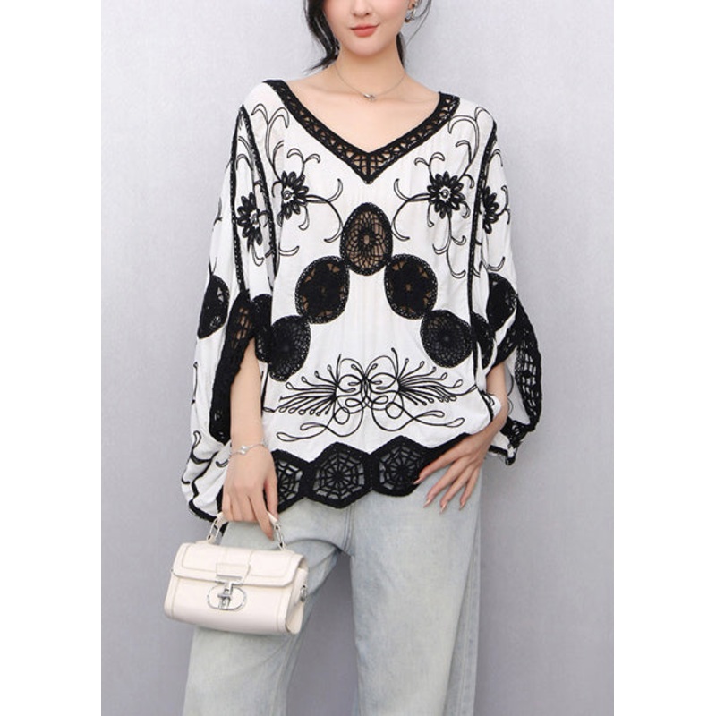 White Print Loose Tanks Hollow Out Batwing Sleeve
