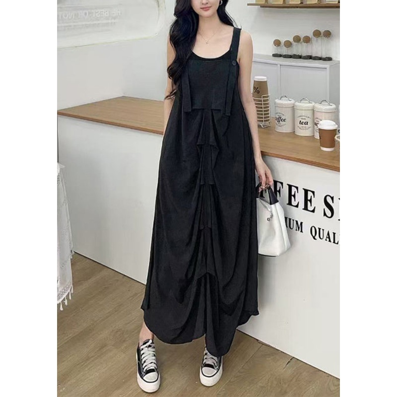Women Black Wrinkled Cotton Cami Dresses Summer