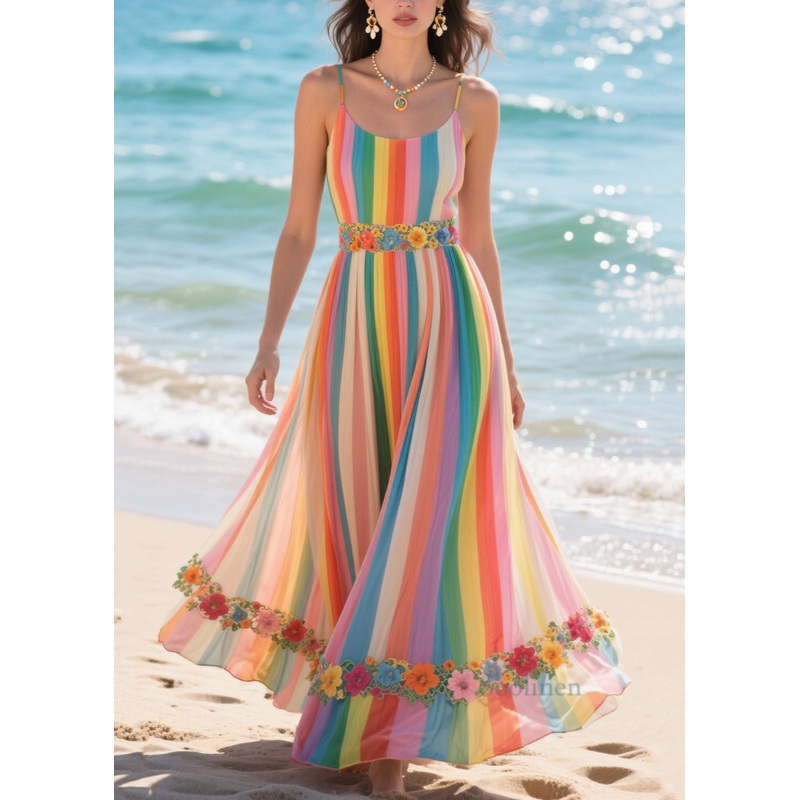Women Rainbow Striped Patchwork Flower Chiffon Sundress Summer