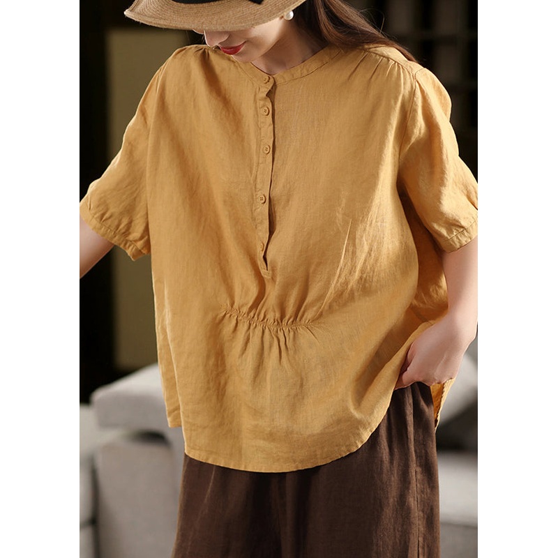 Women Yellow O Neck Wrinkled Linen Shirt Summer