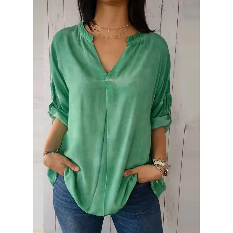 2025 Green V Neck Solid Shirt Short Sleeve