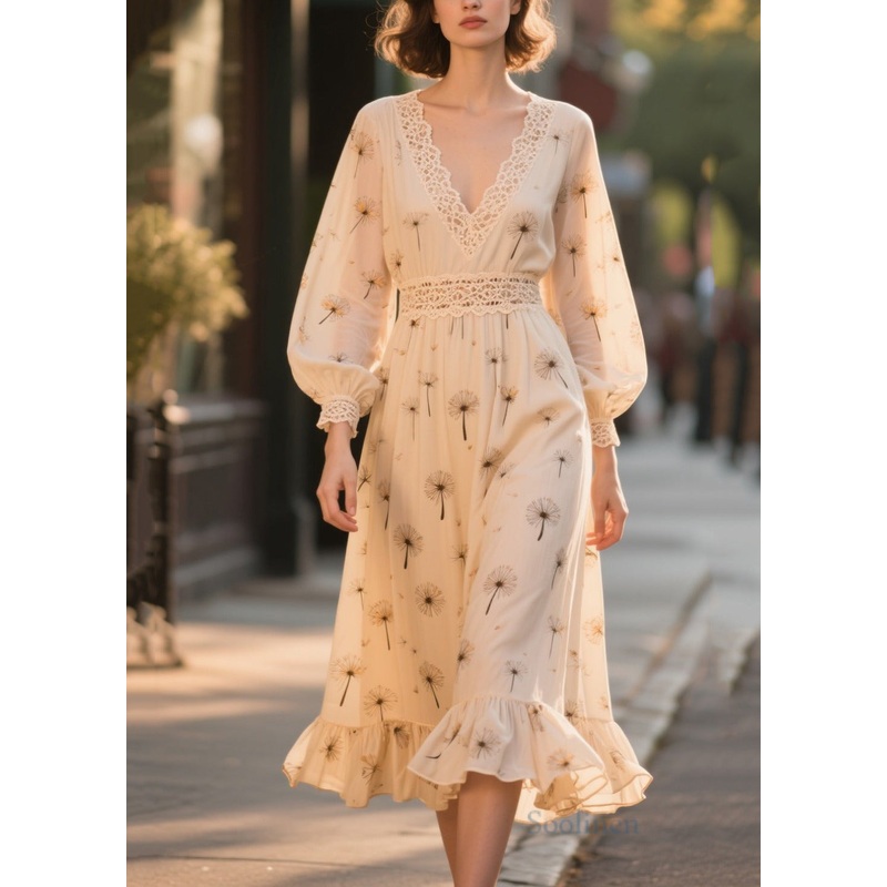 Art Apricot Print Lace Patchwork Chiffon Party Dresses Fall