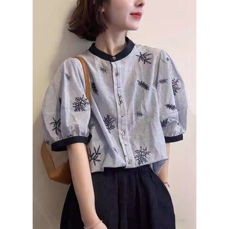 Art Striped O Neck Embroidered Patchwork Cotton Blouses Summer