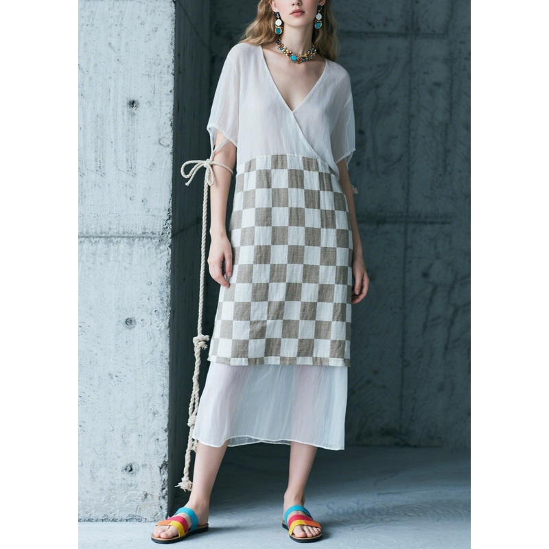 Art White Patchwork Plaid Chiffon Long Dress Summer