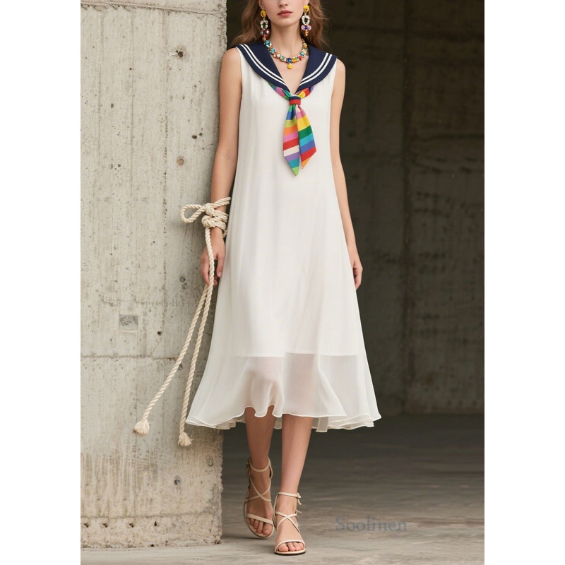 Art White Sailor Collar Patchwork Chiffon Dresses Sleeveless