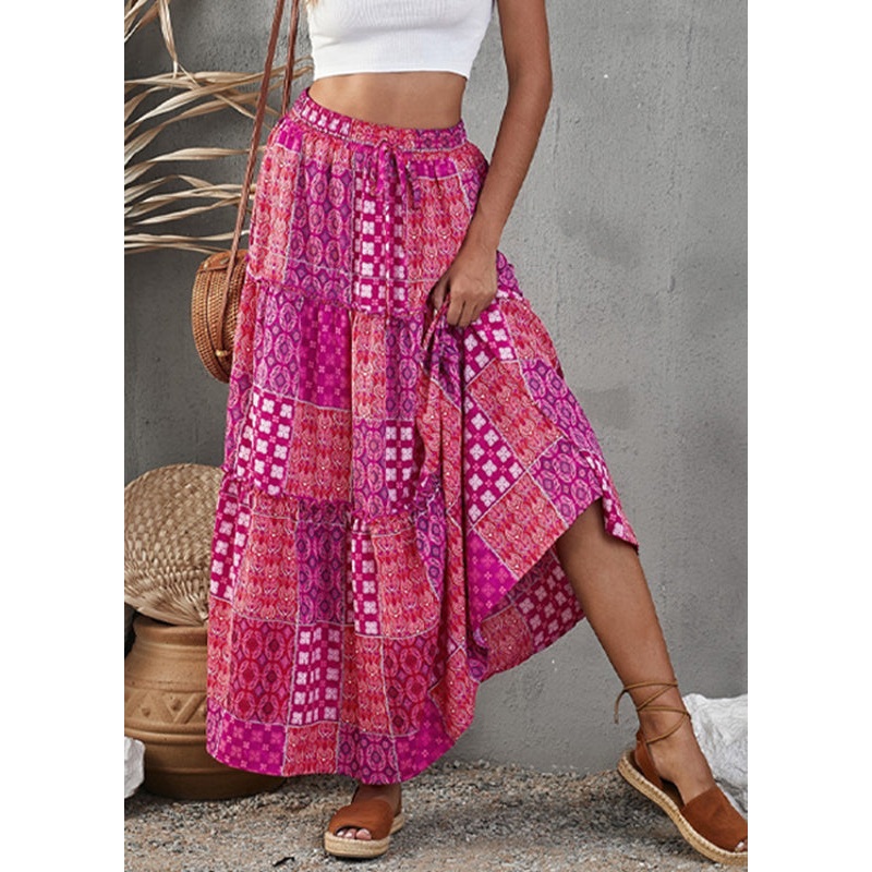Bohemian Purple Print Ruffled Patchwork A Line Skirt