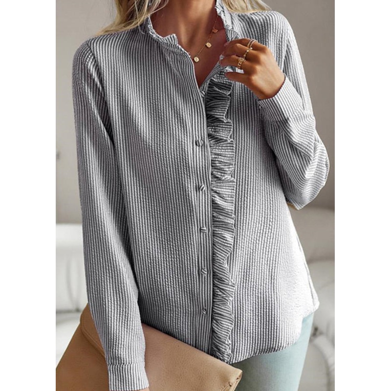 Chic Black Stand Collar Ruffled Shirts Lantern Sleeve