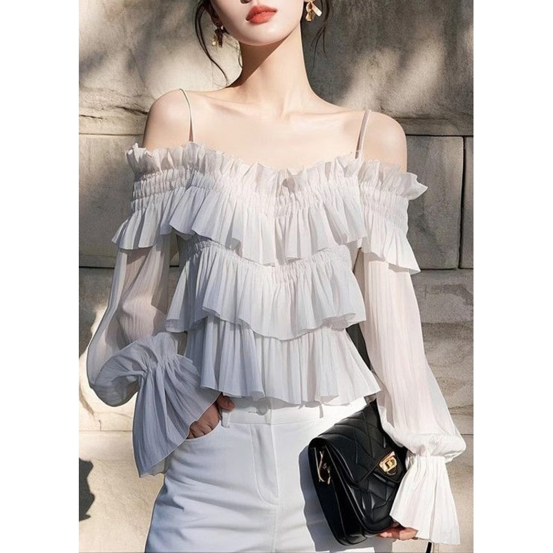 Chic Light Grey Ruffled Solid Chiffon Spaghetti Strap Blouse Flare Sleeve