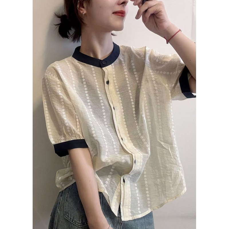 Elegant Apricot Embroidered Button Cotton Shirts Summer