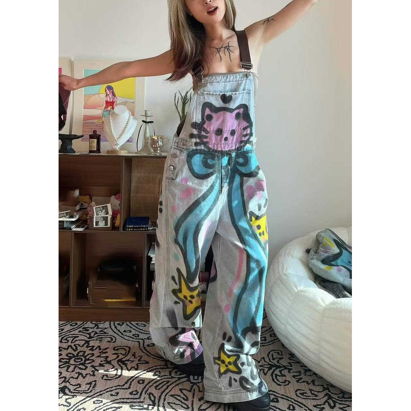 Loose Blue Patchwork Tie Dye Little Cats Pockets Denim Jumpsuit Summer