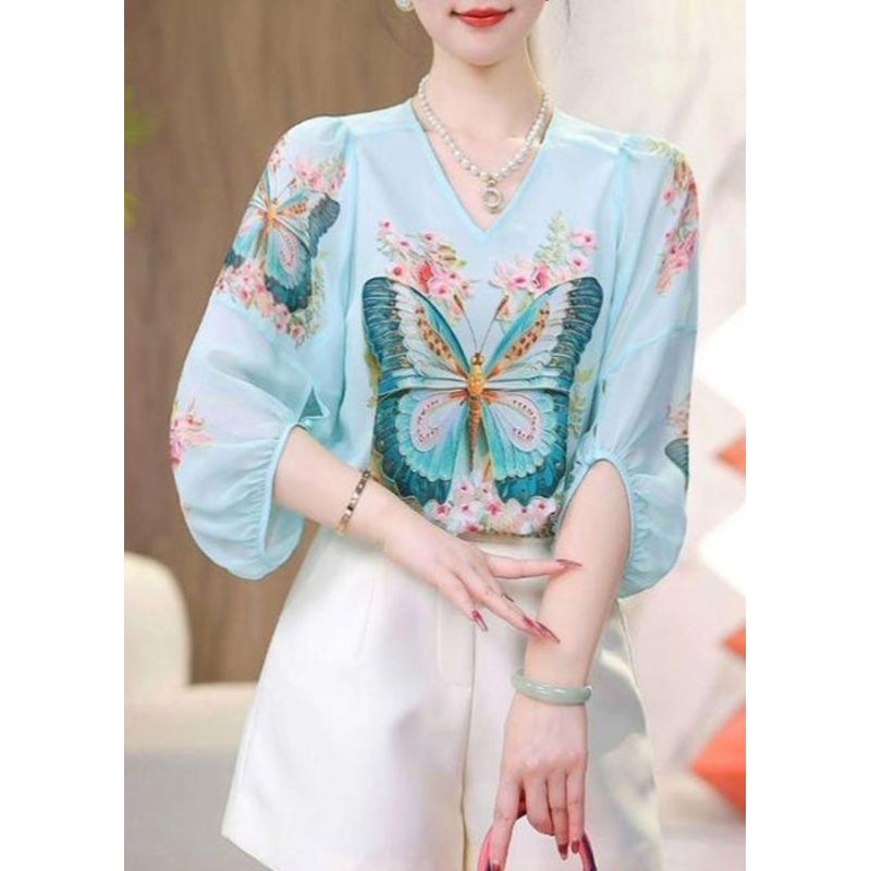 Loose Blue V Neck Print Chiffon Shirt Bracelet Sleeve