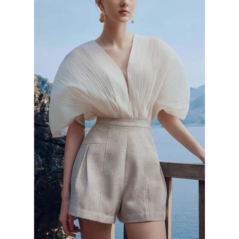 New White V Neck Lace Up Patchwork Cotton Jumpsuit Batwing Sleeve