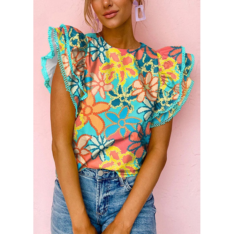 Style Green O-Neck Ruffled Print T Shirt Summer