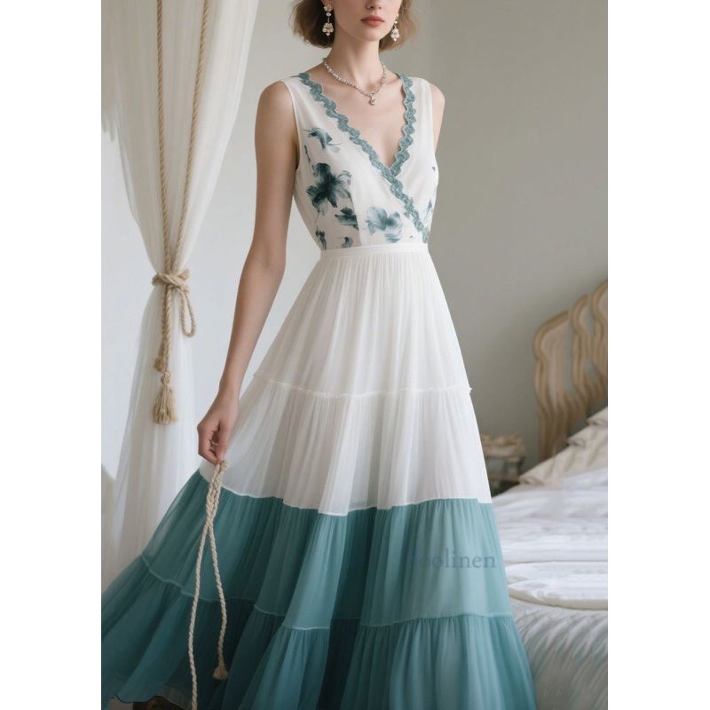 White Patchwork Chiffon Long Dresses Exra Large Hem Sleeveless