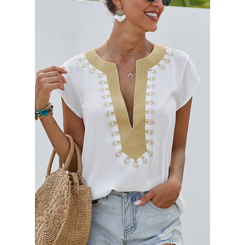White Print Solid Tops Short Sleeve