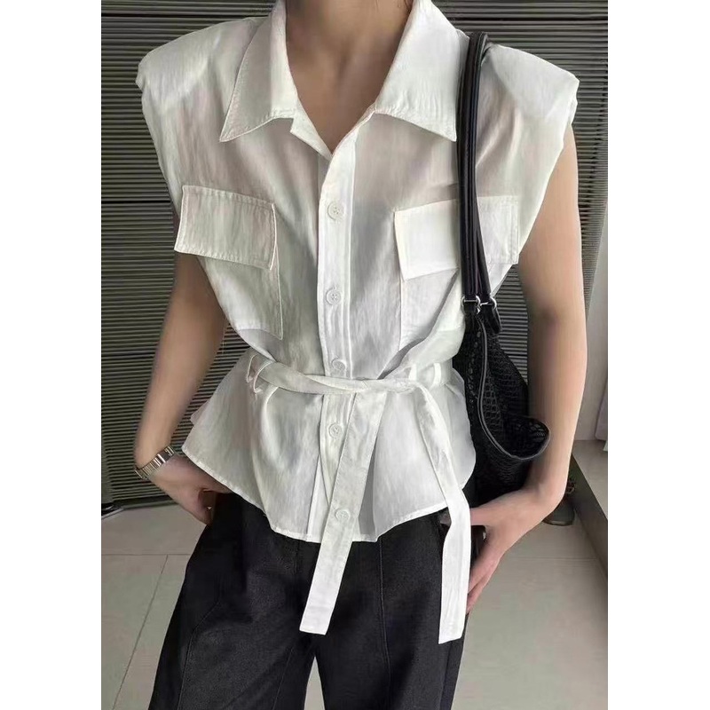 White Tie Waist Cotton Blouses Peter Pan Collar Summer