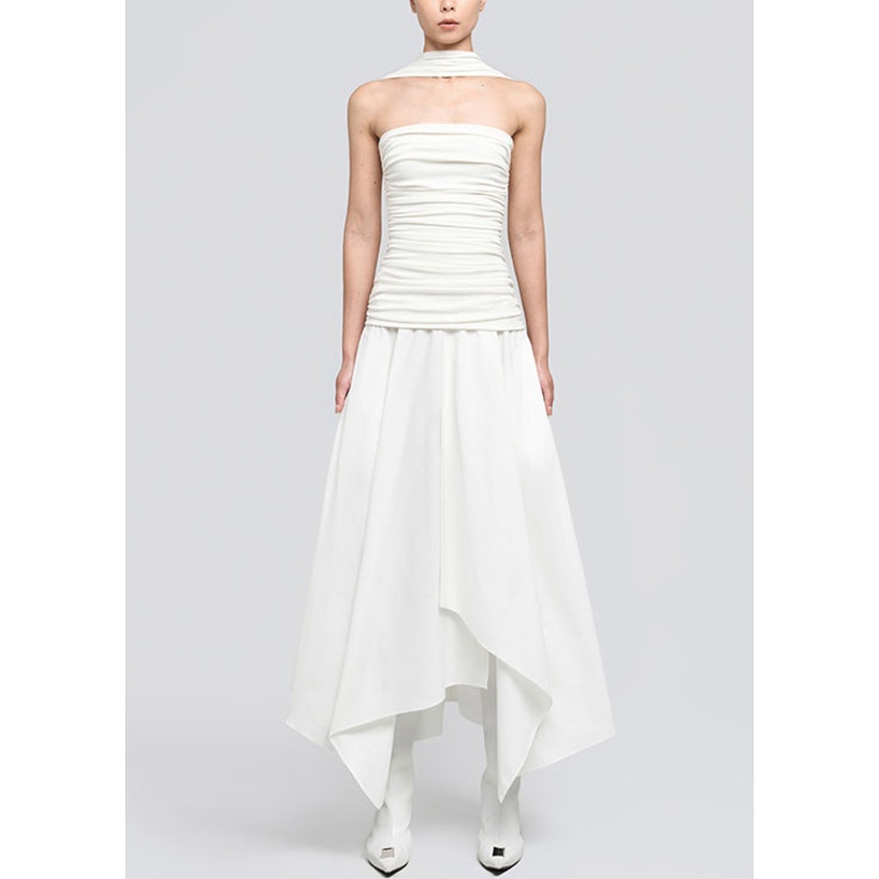 White Wrinkled Cotton Long Dresses Asymmetrical Summer