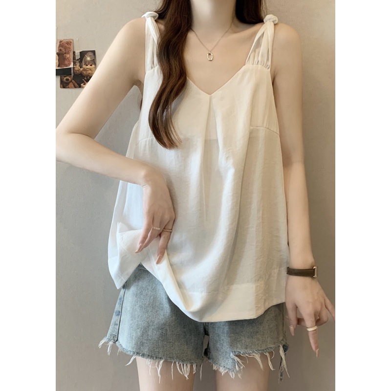 White Wrinkled Solid Cotton Tank V Neck Summer