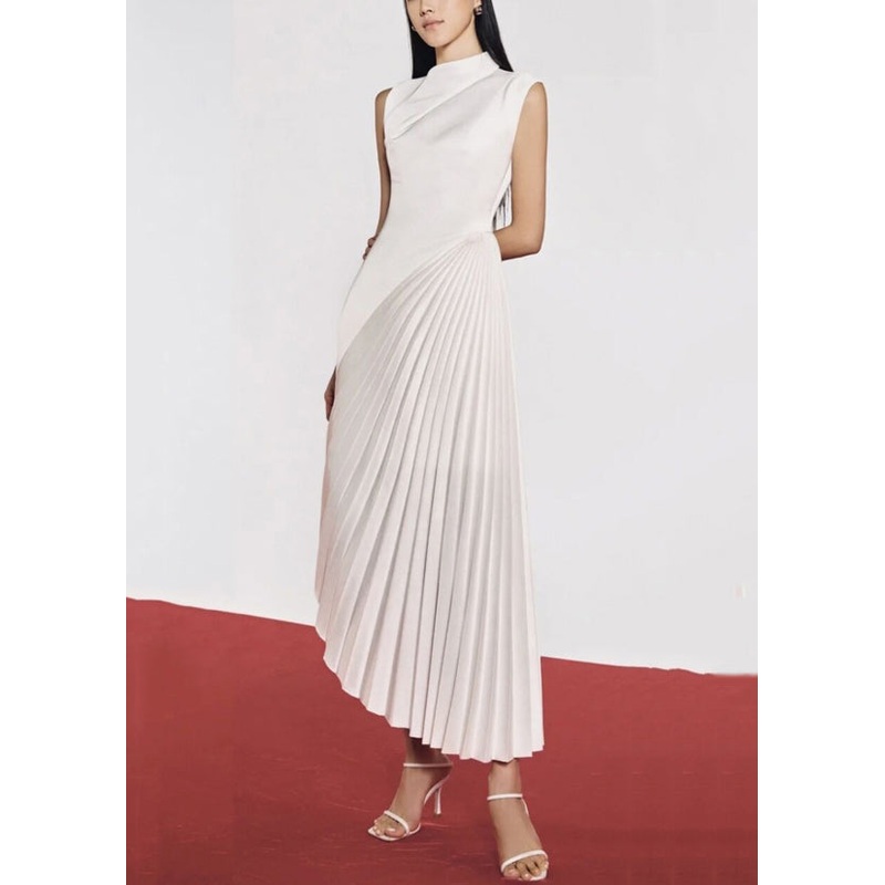 White Wrinkled Solid Silk Long Dresses Asymmetrical Summer