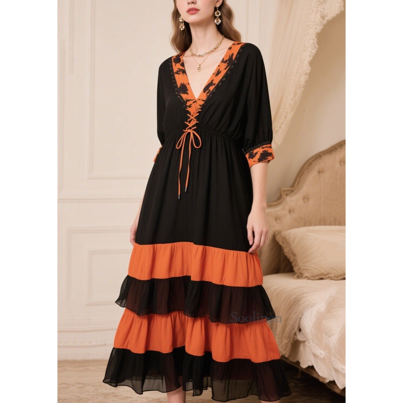 Women Black Patchwork Cross Strap Chiffon Maxi Dresses Summer