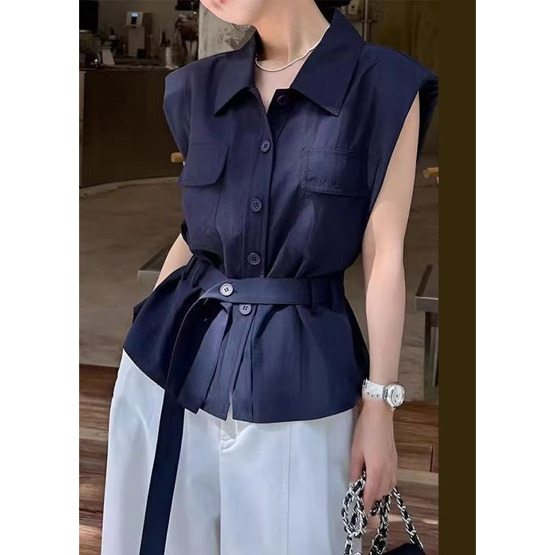 Women Navy Peter Pan Collar Button Cotton Shirt Sleeveless