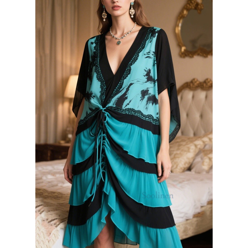 Women Peacock Blue Cinched Patchwork Chiffon Vacation Dresses Summer