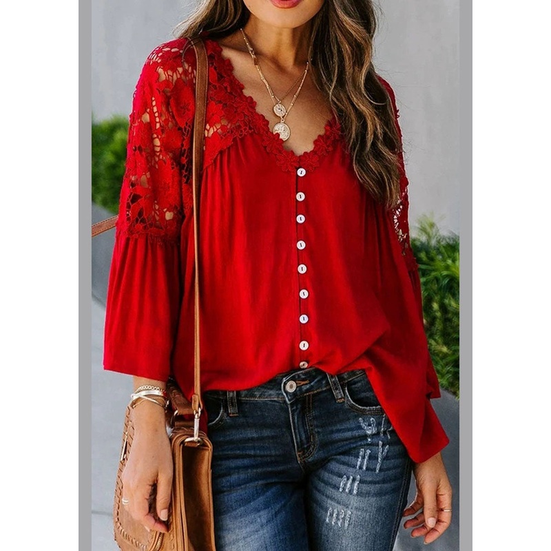 Women Red Lace Patchwork Solid Top Fall