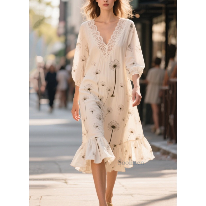 Women White Print Patchwork Chiffon Long Dress Bracelet Sleeve