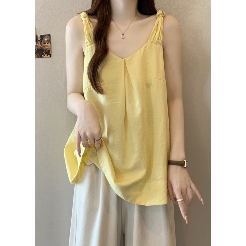 Women Yellow V Neck Solid Cotton Tank Sleeveless