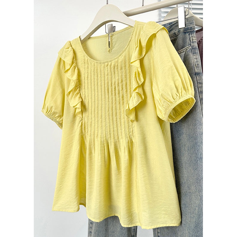 Yellow Ruffled Button Solid Cotton Shirts O Neck