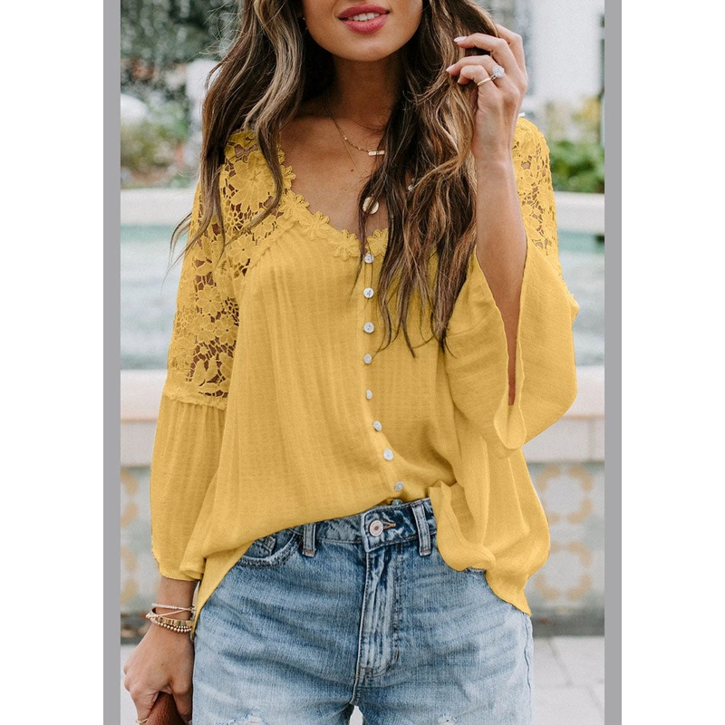 Yellow V Neck T Shirts Bracelet Sleeve