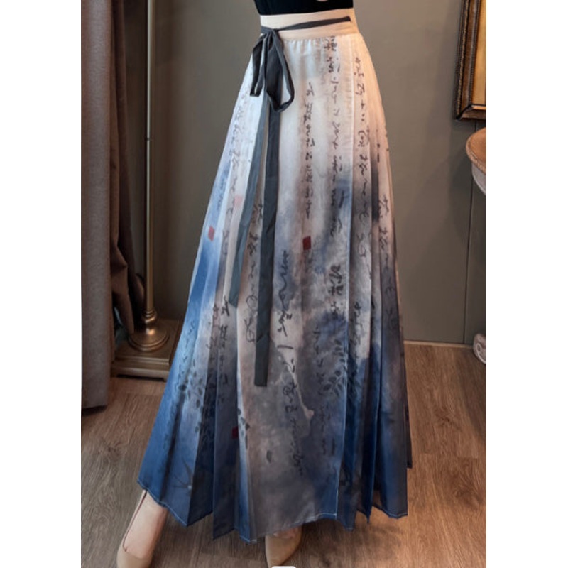 Art Blue Tie Dye Wrinkled Satin Chinese Style Skirts Summer