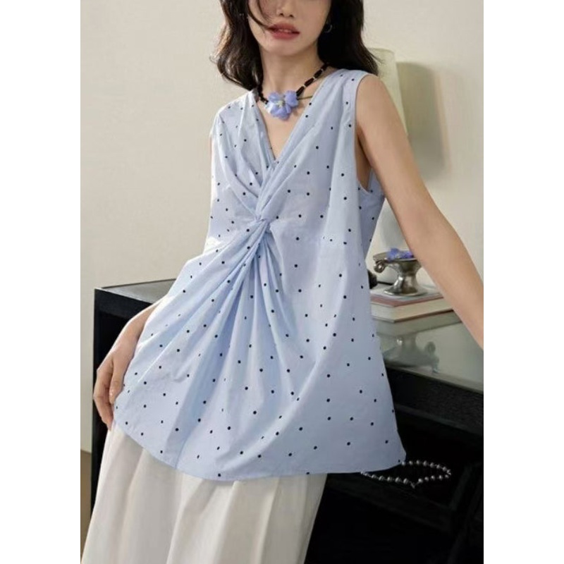 Art Blue V Neck Dot Cotton Top Sleeveless