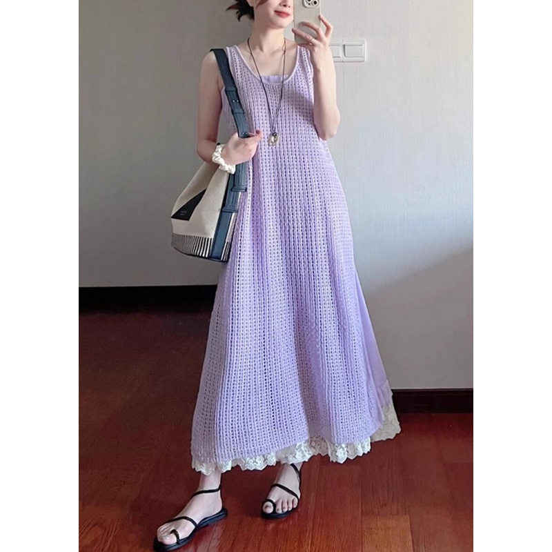 Art Purple Hollow Out Lace Knit Two Pieces Set Sleeveless