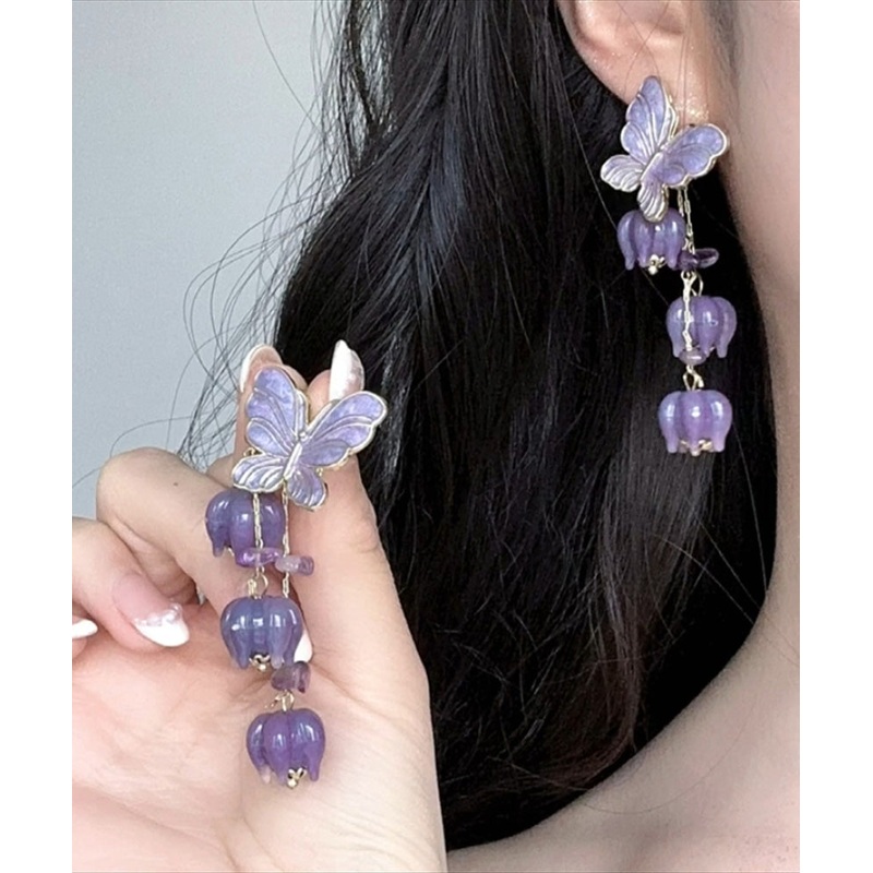 Beautiful Purple Alloy Ringflower Butterfly Tassel Drop Earrings