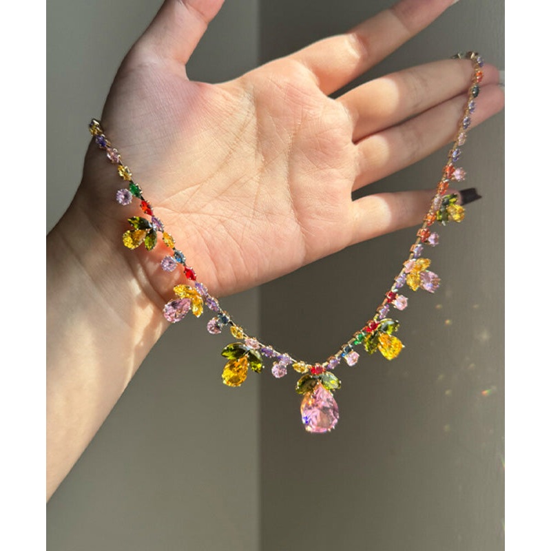 Beautiful Rainbow Alloy Zircon Floral Water Drop Pendant Necklace