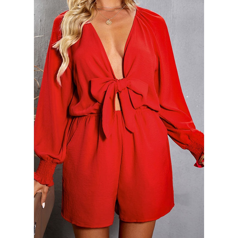 Beautiful Red V Neck Patchwork Solid Jumpsuit Fall
