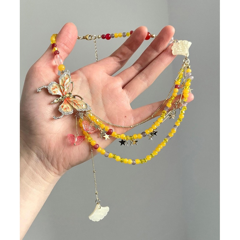 Beautiful Yellow Alloy Zircon Beading Butterfly Star Pendant Necklace