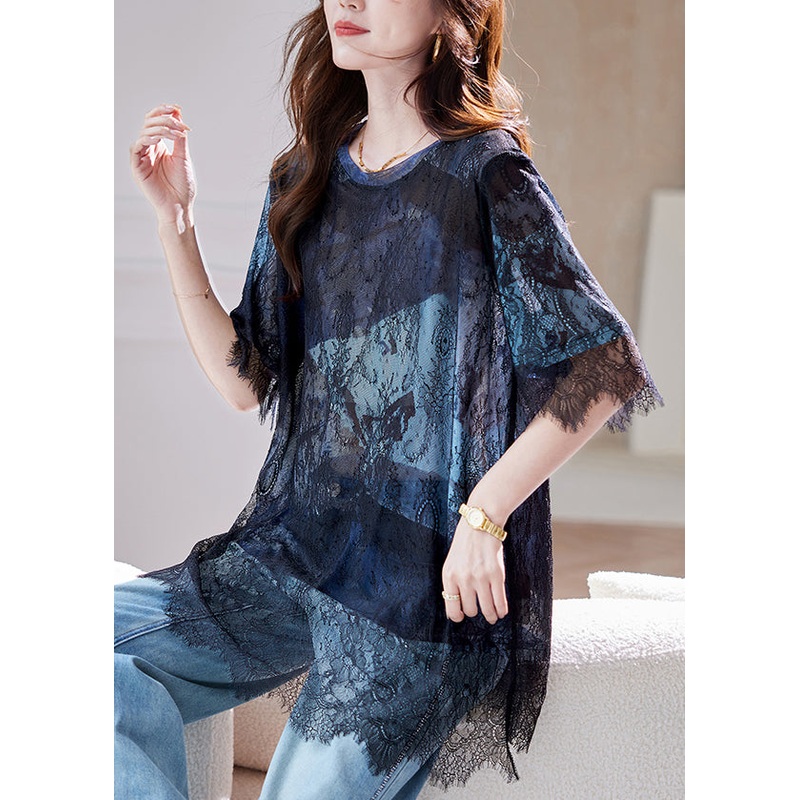 Blue Black Lace Hollow Out Patchwork T-Shirt Summer 2025
