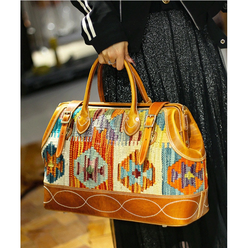 Boho Brown Jacquard Patchwork Canvas-linen Leather Tote Handbag