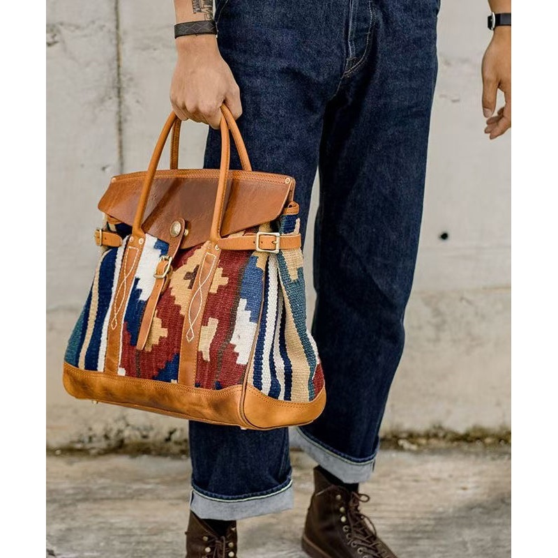 Boho Brown Print Patchwork Leather Tote Handbag