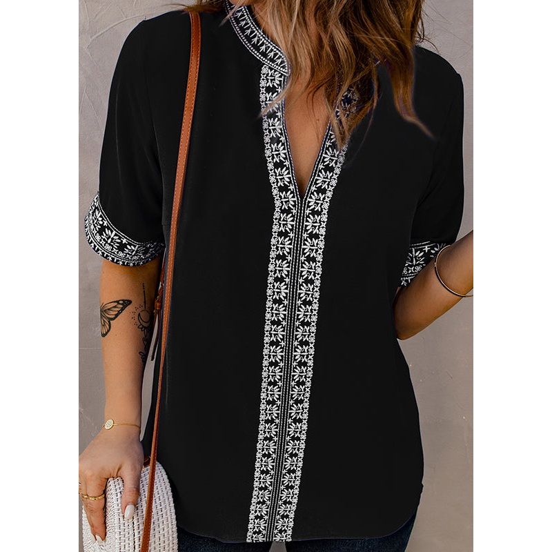 Boutique Black V Neck Patchwork Top Short Sleeve