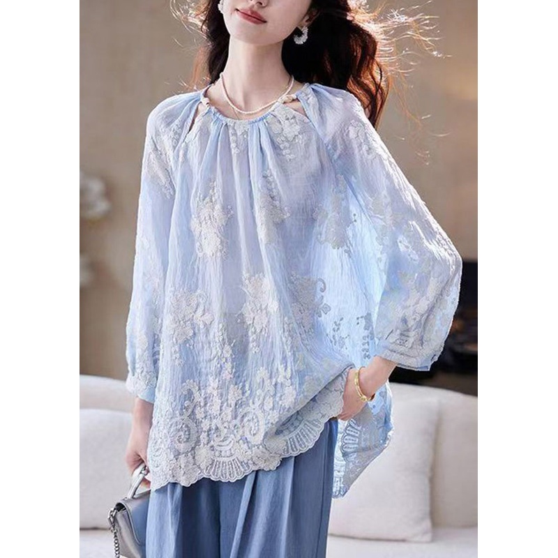 Boutique Blue O Neck Embroidered Cotton Blouses Summer