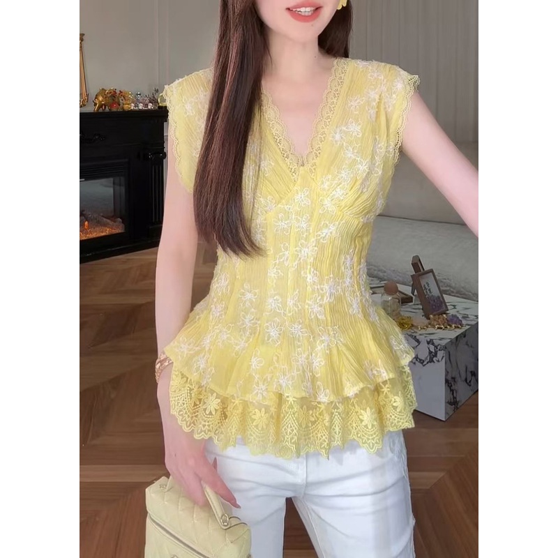 Boutique Yellow Embroidered Lace Patchwork Cotton Shirts Sleeveless