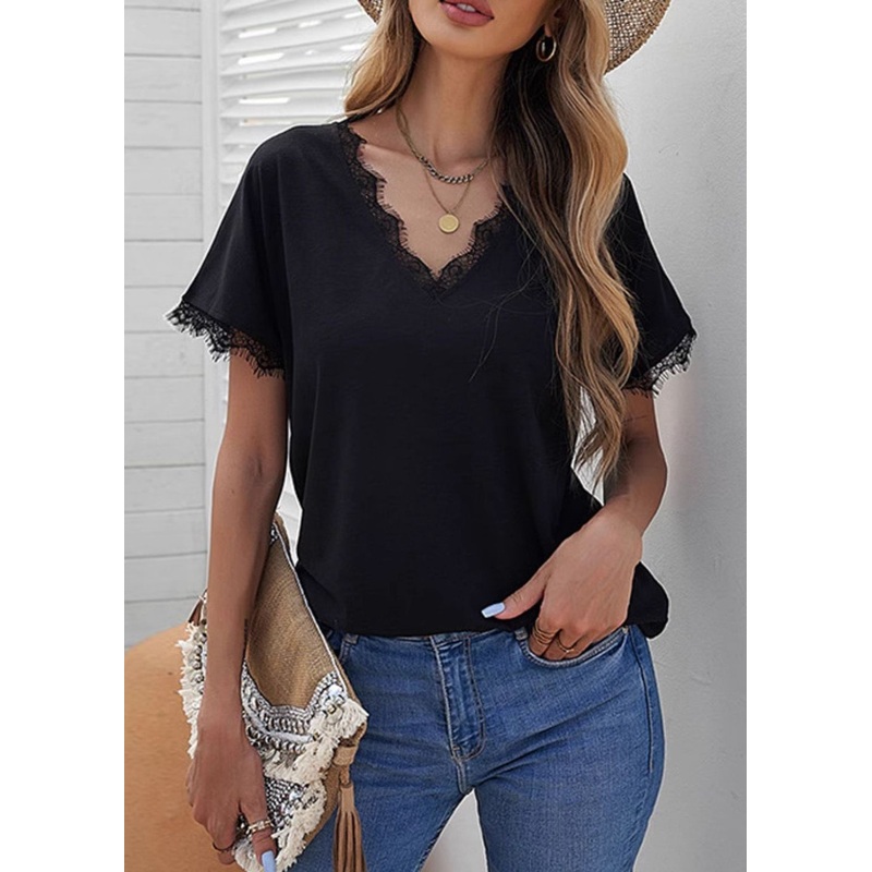 Casual Black Lace Patchwork Solid T Shirt Short Sleeve